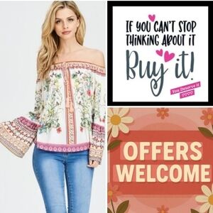 Umgee White and Pink Floral Off-Shoulder Blouse. NWT Size SMALL